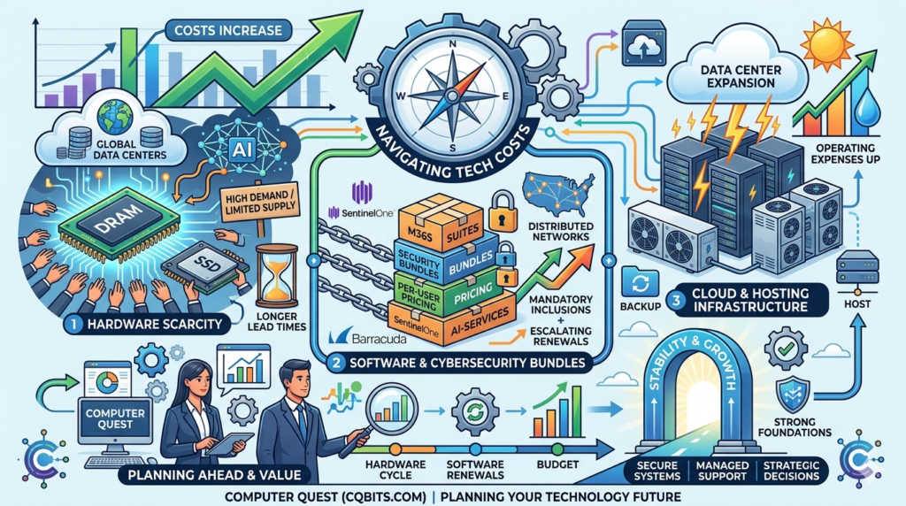 Infographic showing tech costs, data centers, and cloud infrastructure with icons for AI, hardware scarcity, and planning benefits