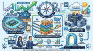 Gemini_Generated_Image_9plk5h9plk5h9plk - Computer Quest - Business IT Services - Computer Quest - Business IT Services Infographic showing tech costs, data centers, and cloud infrastructure with icons for AI, hardware scarcity, and planning benefits