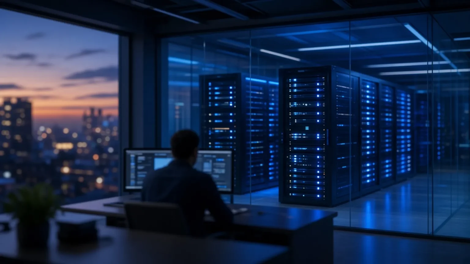 Computer Quest Business IT Services – IT professional monitoring a blue-lit server room at dusk