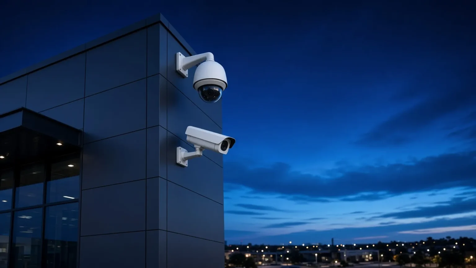 Computer Quest CCTV Security Camera Solutions – cameras mounted on a commercial building at dusk
