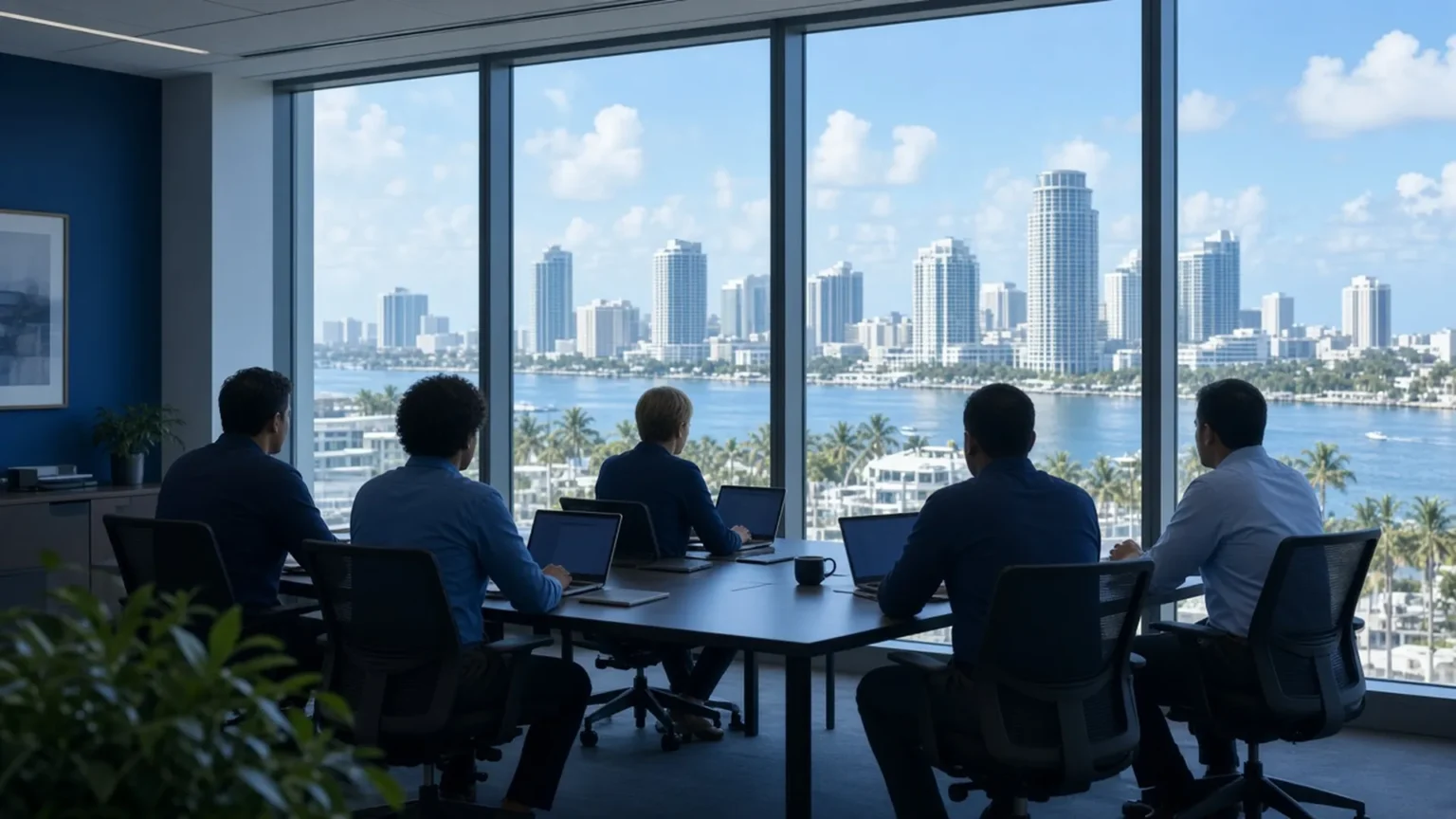Computer Quest IT Team – technicians collaborating in an office overlooking Tampa Bay