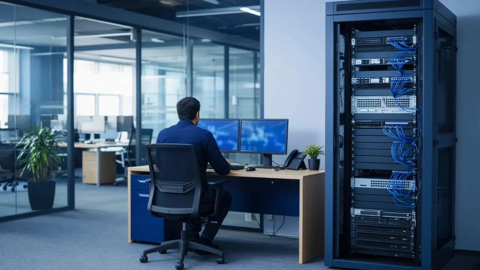 Computer Quest Managed IT Services – technician at a workstation beside a network rack