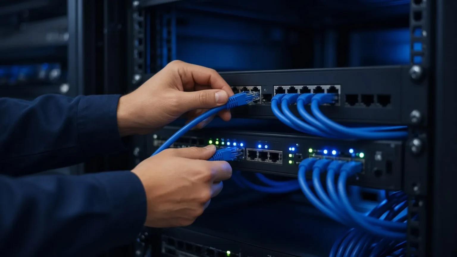 Computer Quest Network Cabling Solutions – technician installing patch cables in a server rack