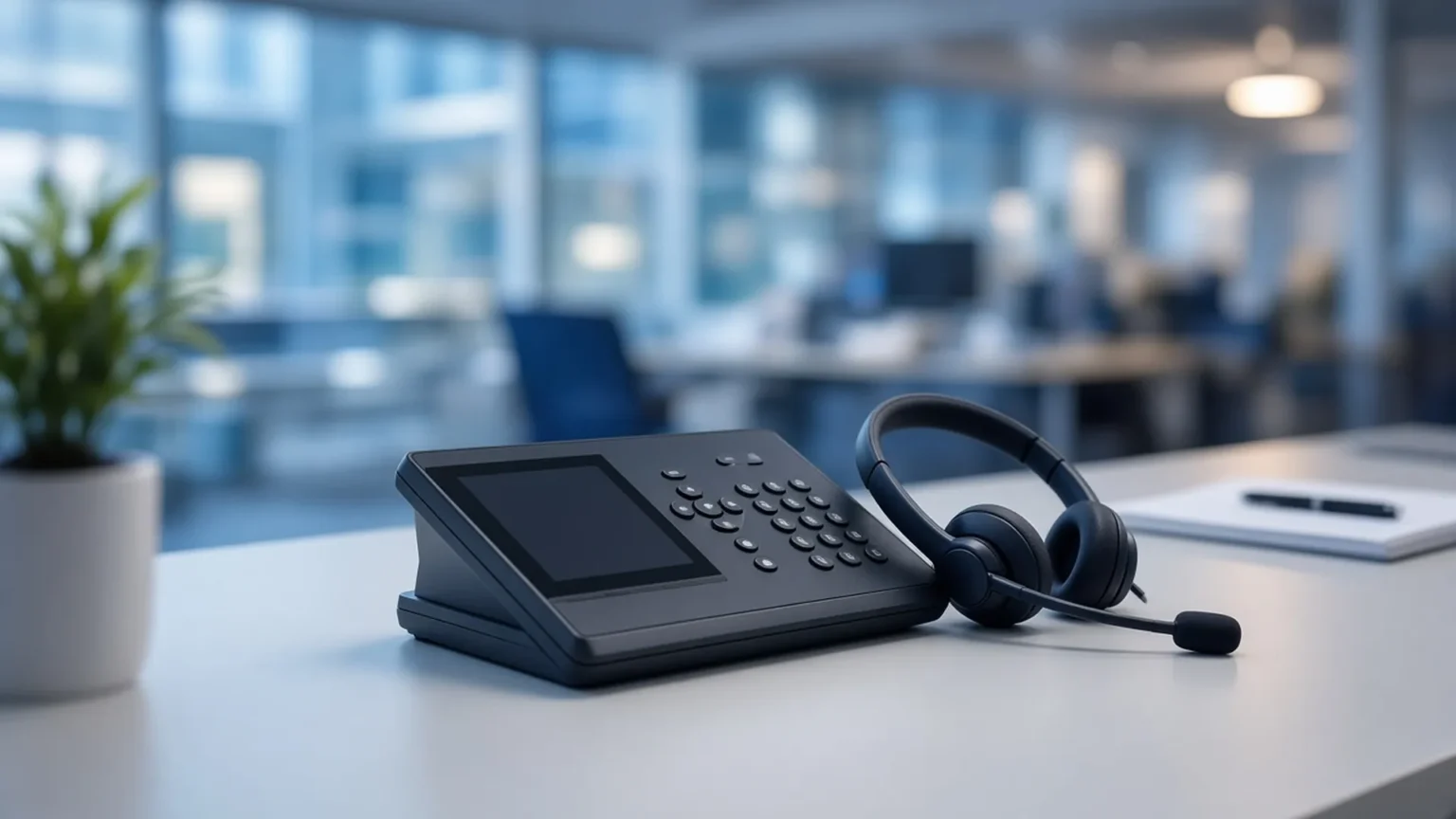 Computer Quest VoIP Phone Solutions – business desk phone and headset in a modern office